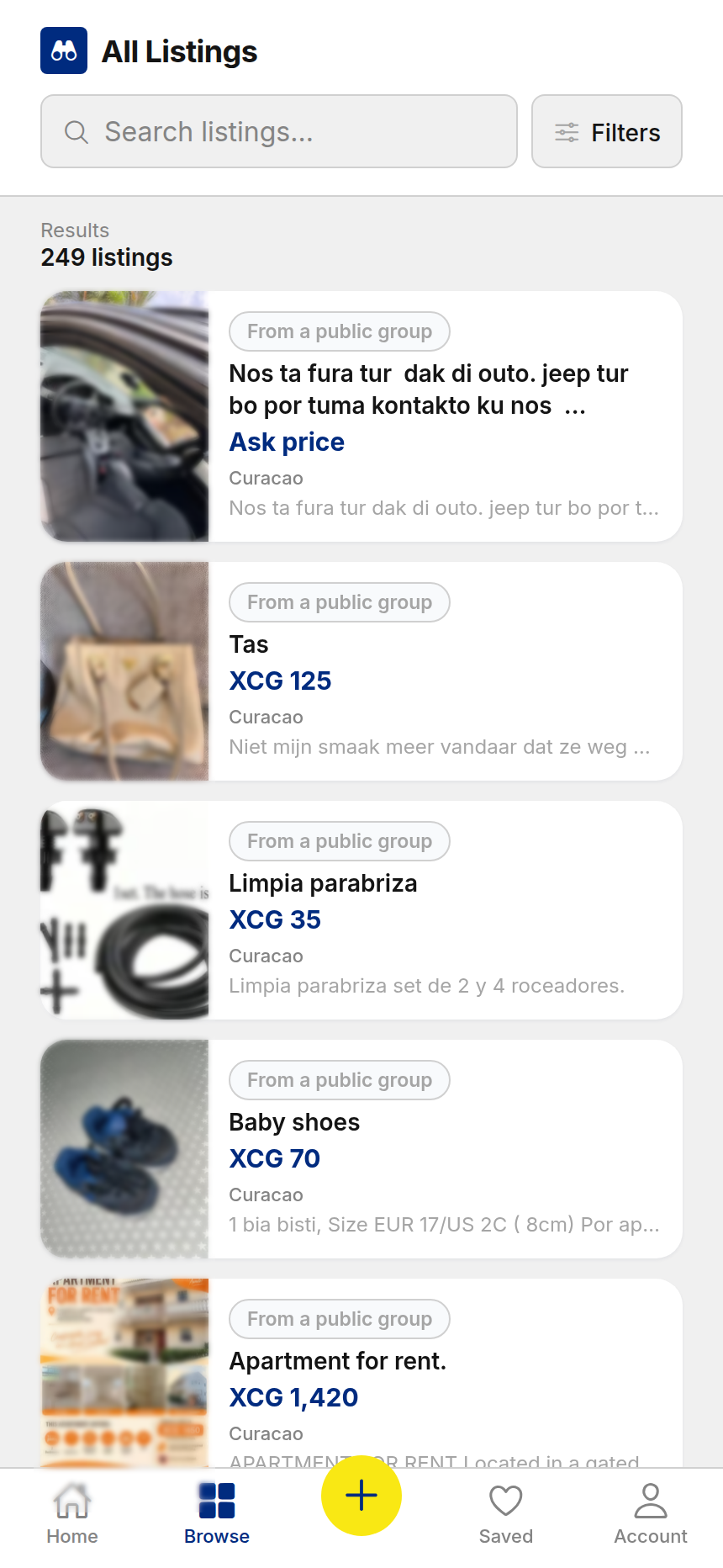 Browse screen with All Listings, search, Filters and results