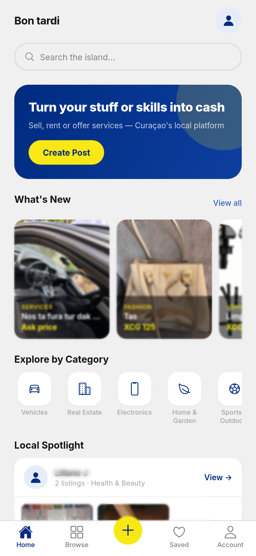 Buskando home screen with greeting, search, hero card and categories