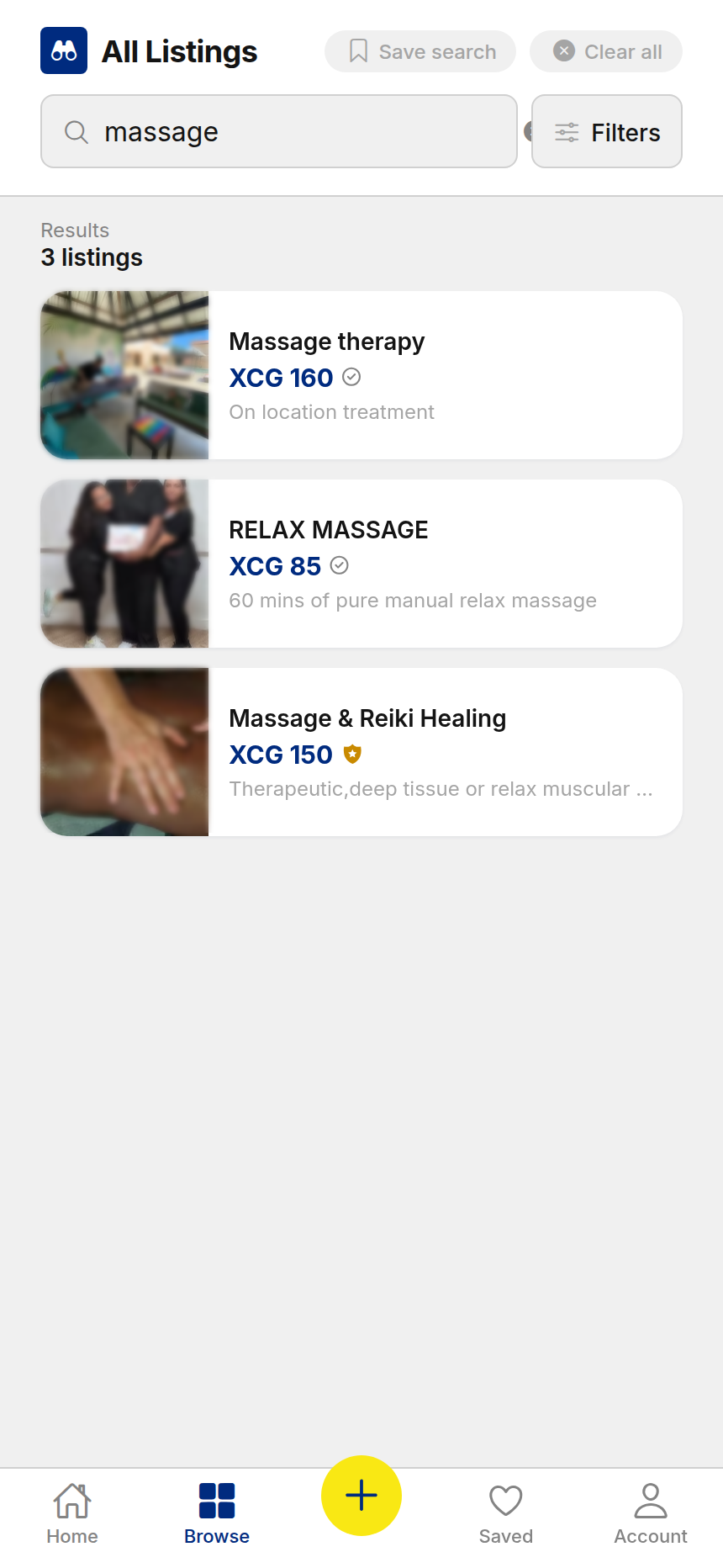 Search results for massage with real sellers and saved-search option