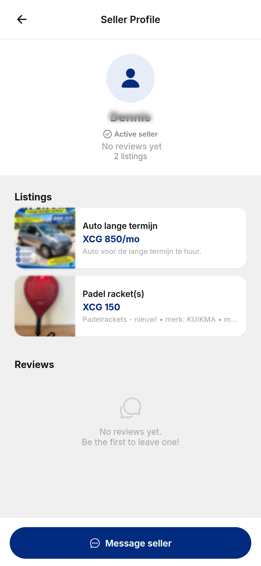 Seller profile with active seller status, listings and reviews